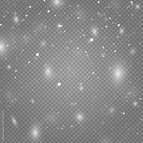 Heavy snow overlay featuring large and small white particles with soft glowing highlights on a transparent background for a blizzard effect