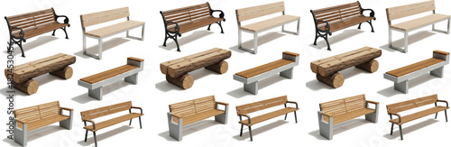 Urban bench designs, wooden slats, metal frames, concrete ends, park seating, outdoor furniture, public space, landscape architecture, style comparison