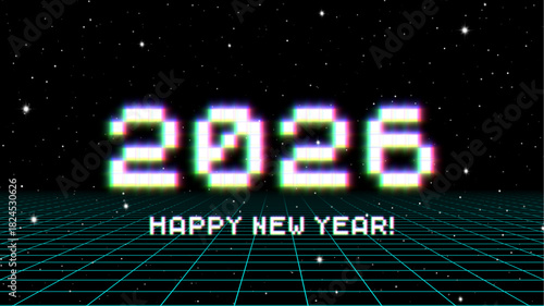2026 New Year sign with glitched glowing pixels and grid. Winter holiday and year change symbol.