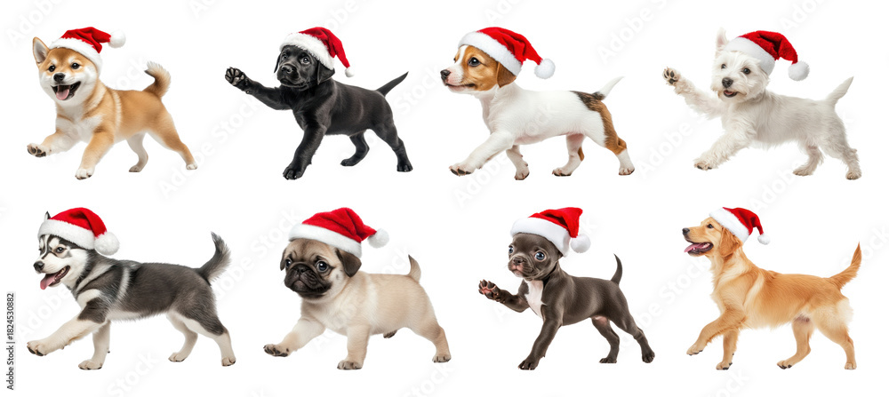 Fototapeta premium PNG Adorable puppies wearing Santa hats, element set on transparent background