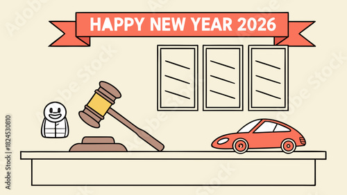 Cartoon illustration showcasing a gavel, car, and stick figure under a happy new year banner