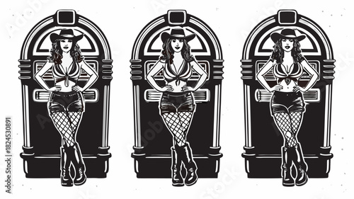 Bold cowgirls ready to rock, a vintage jukebox dance party illustration, perfect for country music lovers