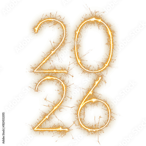 2026 happy new year date number in a two-line layout of sharp, sparkling gold sparkler isolated on a transparent background