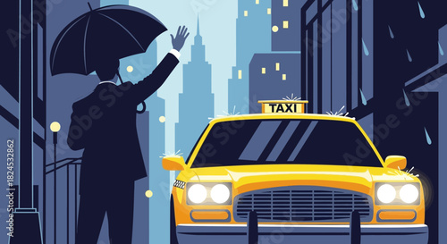 A businessman in a suit holds an umbrella while hailing a bright yellow taxi on a dark and rainy city street with skyscrapers