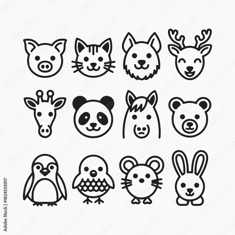 Fototapeta premium Cute Animal Faces Icon Set cartoon