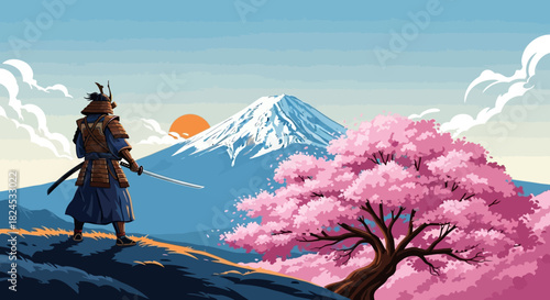 Serene Samurai Contemplating Mount Fuji Amidst Blooming Cherry Blossoms