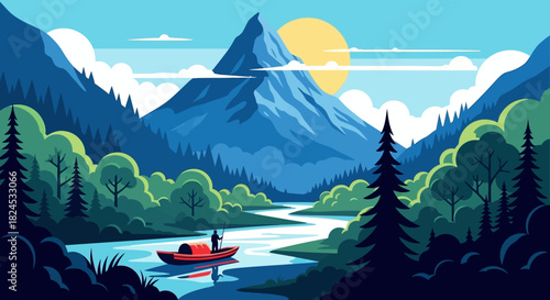 Majestic mountain and tranquil river scene illustration with a lone paddler, lush forests, and bright sun, conveying nature's peace and exploration