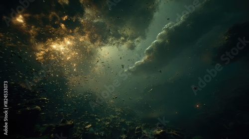 Dramatic underwater scene with sunlight penetrating through turbulent water and floating debris