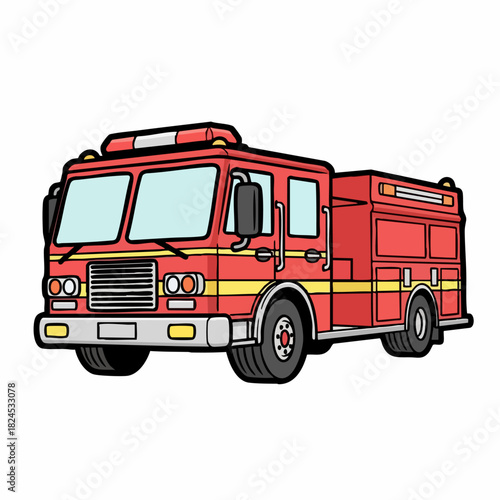 Cartoon Fire Engine Illustration with Red Color and Black Outline.