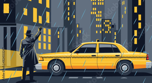 A solitary figure hails a yellow taxi on a rainy city street at night, with illuminated buildings in the background