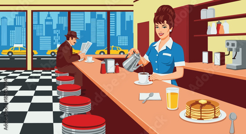 A friendly waitress pours coffee for a customer enjoying a pancake breakfast at a classic retro American diner with a city view