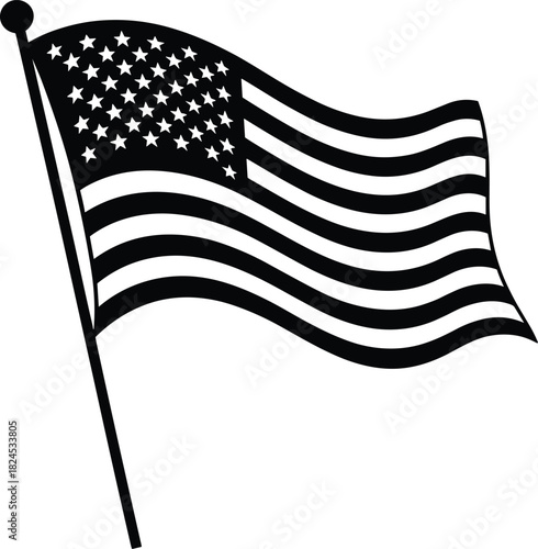 Black and white illustration of a waving American flag