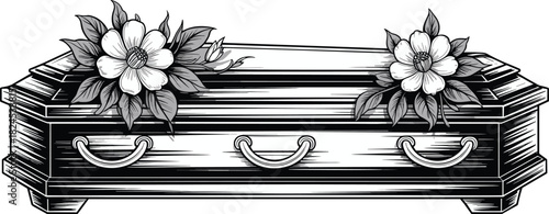 Black and white illustration of a coffin with flowers