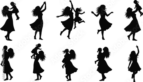 Mother and daughter silhouette collection showing playful family moments, loving parent child interaction, joyful motherhood poses, emotional bonding vector illustration