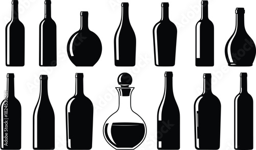 Collection of various bottle silhouettes including wine, liquor, and decanter shapes for packaging design, branding, illustration, bar graphics, and product concepts