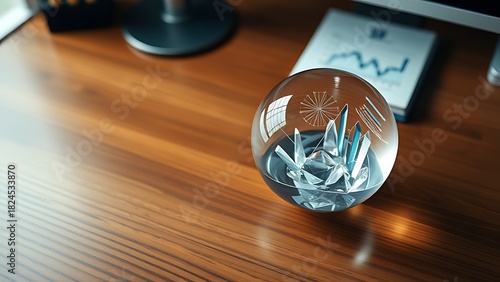 paperweight. Wooden desk with abstract financial visuals, featuring a glass paperweight refracting light. pitch deck slides.