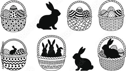 Collection of Easter baskets with eggs and bunny silhouettes in decorative black and white style for holiday design, illustration, and seasonal artwork