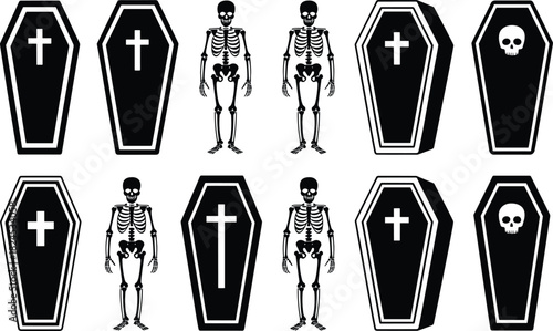 Black coffins with white crosses and skulls and skeletons
