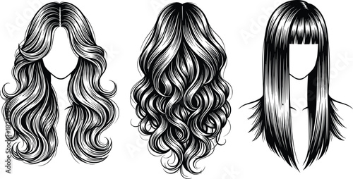 Set of detailed female hairstyle illustrations showing long wavy and straight hair designs for beauty, salon branding, fashion artwork, and graphic design