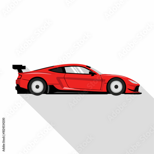 Sleek red sports car with spoiler in dynamic side view.