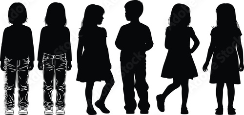 Set of children silhouette standing and walking in various poses for graphic design, illustration, education material, poster, and digital artwork