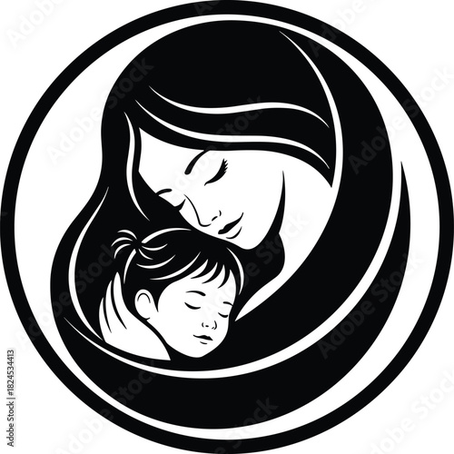 Elegant mother and child embracing in loving hug, emotional family bond illustration symbolizing maternal care, motherhood love and protection