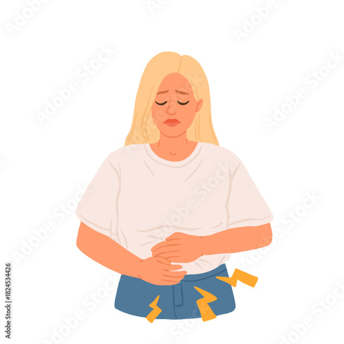Woman suffer from stomach ache. Menstrual cramps or endometriosis abdominal pain concept. Vector illustration.