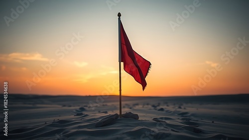 sedition. Broken flagpole in sandy ground with retreating footprints, sunset symbolic of surrender. inspiring travel planning.