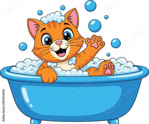 Cute cartoon orange cat happily taking a bubble bath in blue tub with soap foam and bubbles, adorable pet illustration