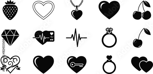 Collection of romantic heart icons including rings, cherries, heartbeat lines, diamonds, keys, strawberry and love symbols for Valentine designs