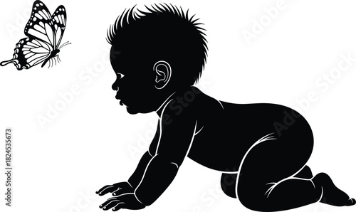 Crawling baby silhouette looking at butterfly, cute infant figure in playful pose representing innocence, childhood curiosity, nature interaction, and tenderness