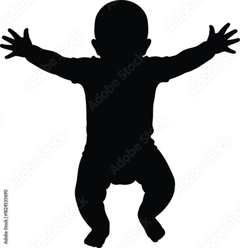 Baby silhouette with arms wide open, standing in playful pose representing joy, childhood freedom, innocence, happiness, and expressive toddler movement