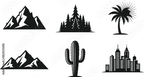 Collection of landscape icons including mountains, pine forest, palm tree, cactus, and city skyline silhouettes for nature, travel, and environment designs