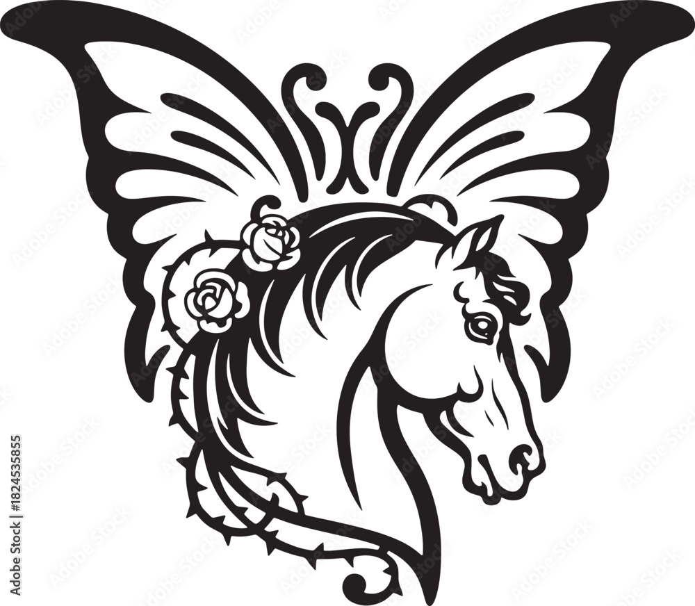 Fototapeta premium Black Silhouette Horse Head with Butterfly Wings and Roses