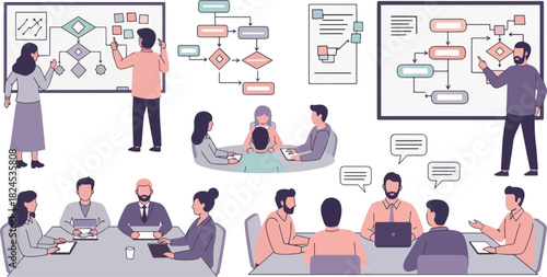 Business Meeting Team Analyzing Charts and Diagrams in Modern Conference Room