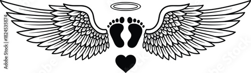 Black and white angel wings with baby footprints, halo, and heart symbol representing innocence, memorial remembrance, love, protection, and spirituality