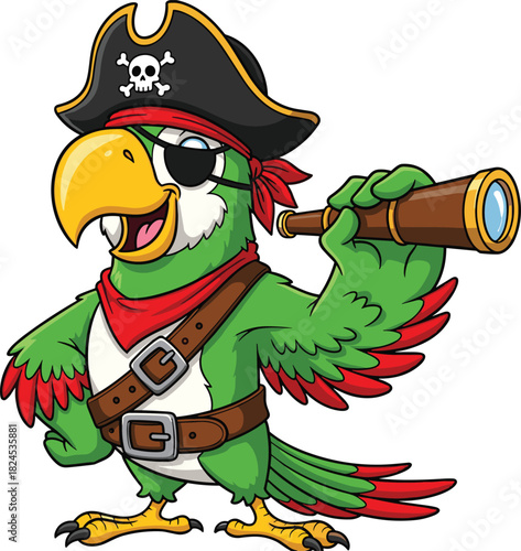 Colorful pirate parrot cartoon character with hat, eyepatch, telescope, and bandana, standing proudly as a fun adventurous mascot illustration