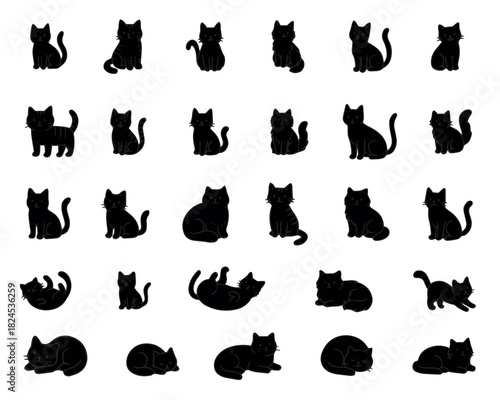 Vector illustration featuring various cat silhouettes in different poses. This set includes sitting, standing, and playful cat shapes, offering versatile design options for projects.