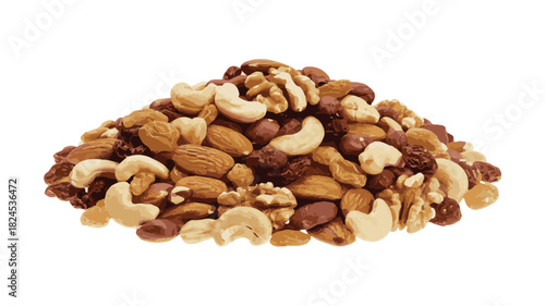 Pile of Mixed Nuts and Dried Fruits on White Background raisins almonds