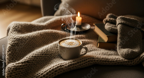 Enjoy cozy relaxation with hot coffee, candle and books on a cold winter evening