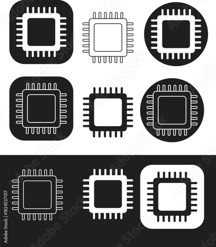 Microprocessor and cpu icons in black and white for tech designs