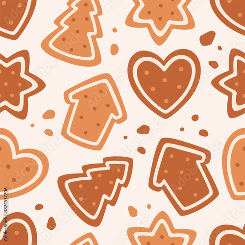 Seamless pattern with cute gingerbread cookies. Holiday pastry, cookies. Design for banner, wallpaper, wrapping paper, background, card, poster. Vector illustration in flat style