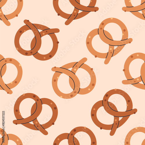 Seamless pattern with cute pretzel. Oktoberfest snack. Design for banner, wallpaper, wrapping paper, background, card, poster. Vector illustration in flat style