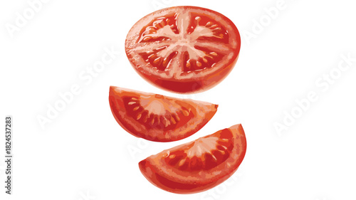 Sliced Tomato and Two Wedges on White Background tomato wedges fruit