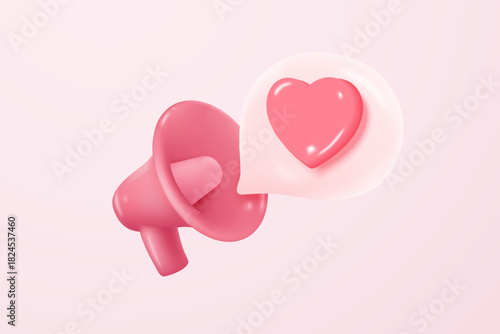 3d megaphone speaker for announce romantic valentine composition. Valentine's Day festive decorative objects, heart and love emoji icon feeling. 3d speakerphone romance icon vector render illustration