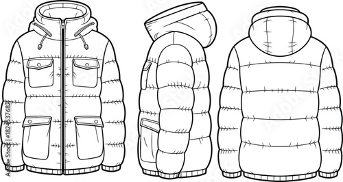Puffer jacket technical drawing, front, side, back view, fashion illustration, hooded coat design, garment template, winter outerwear sketch