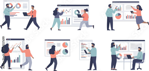 Group of Professionals Analyzing Data Charts and Graphs in Modern Office Setting