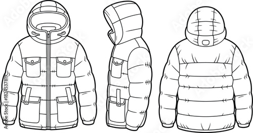 Puffer jacket technical sketch, front, side, back view, fashion illustration, hooded coat design, garment template, winter outerwear drawing