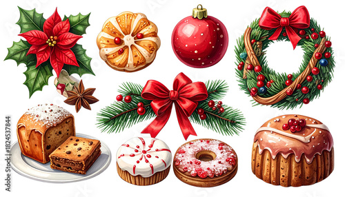 Christmas decorations isolated on white background, festive ornaments, holiday décor, Xmas embellishments, seasonal celebration items, colorful and joyful festive PNG.