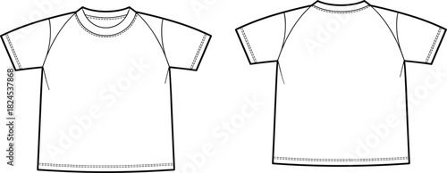 Raglan sleeve t-shirt technical sketch, fashion illustration, front and back view, garment design, apparel template, clothing mockup, vector drawing, style
